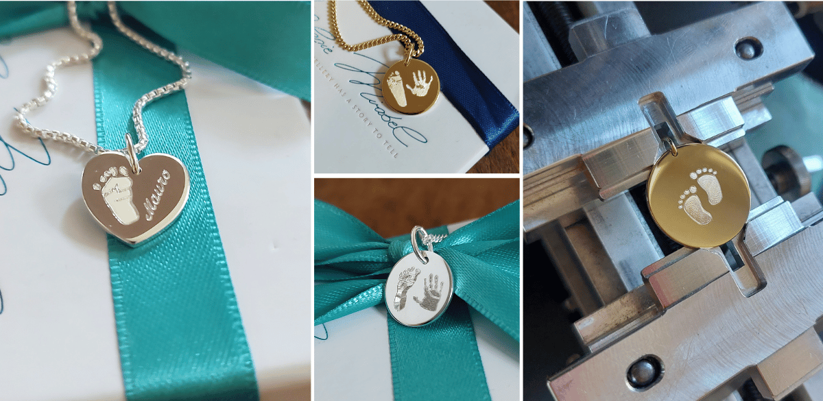 Baby Fussabdruck auf schmuck gravieren, gravur eines Fingerabrucks, Fussabdruck unsere Babies gravieren auf eine halskette mit gravur anhänger