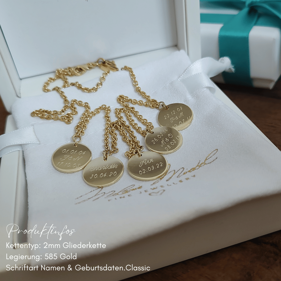 Familienkette 5 Anhänger 585 Gold und 750 Gold. Anfertigung in Goldschmiede Berlin nach individuellen Wünschen, schmuck fertigung berlin nach eigenen vorstellungen