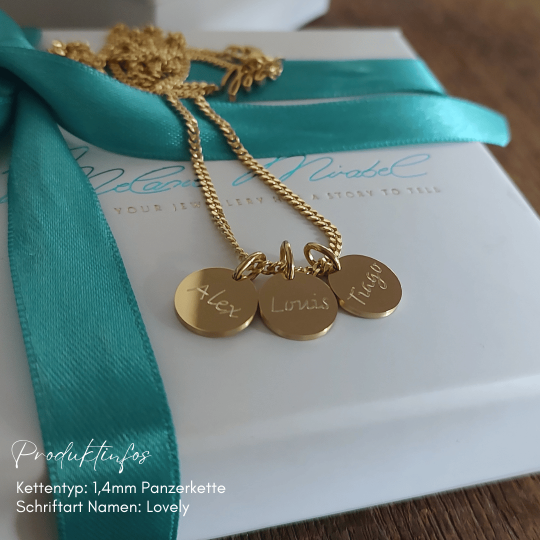 Gold Kette mit Gravur, personalisierte Namenskette für mütter mit namen der kinder, familienkette gold, plättchen kette mit 3 anhänger, kette gold mit buchstaben der familie