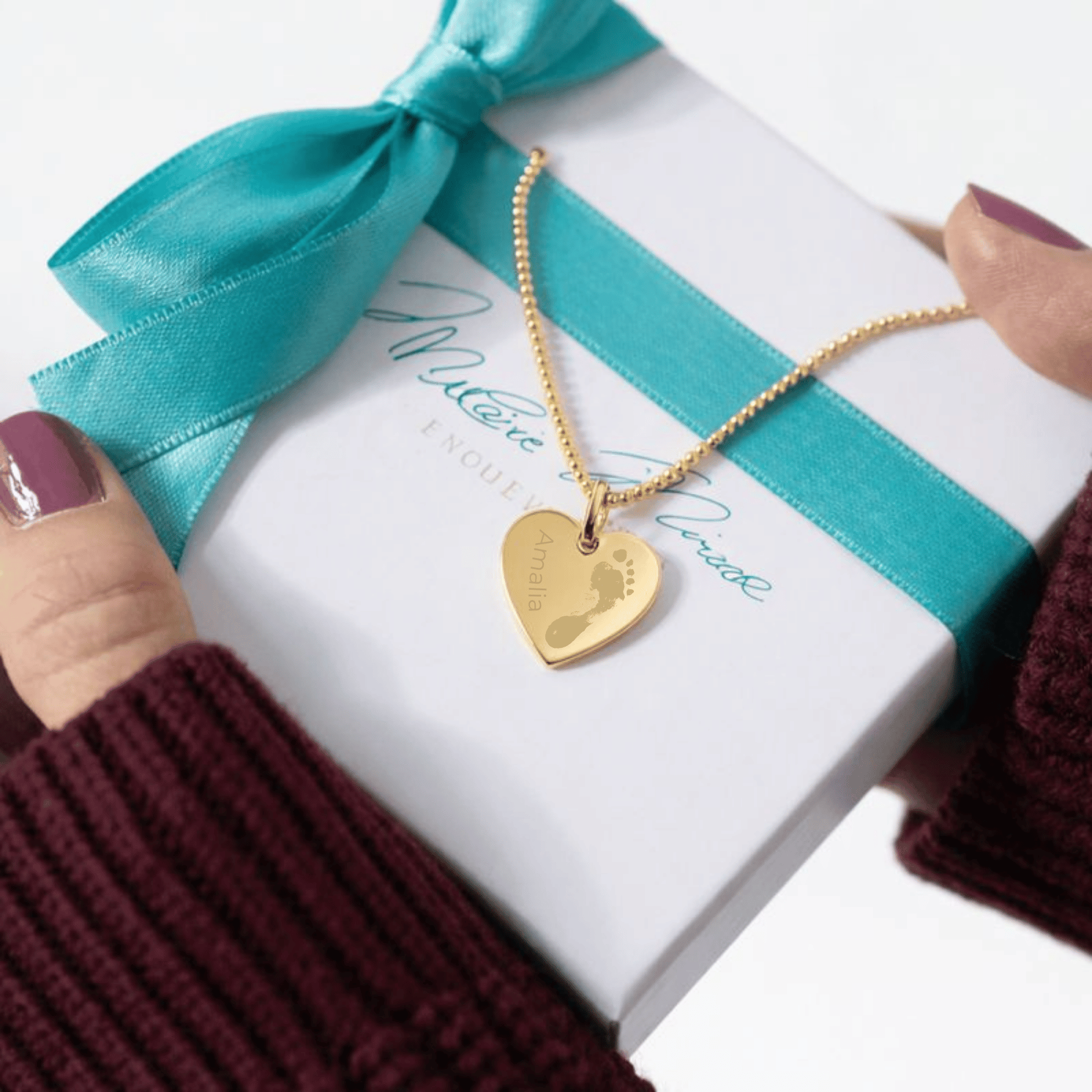 Baby Fussabdruck kette, Anhänger herz form mit fuss abdruck baby, halskette für mama zur geburt