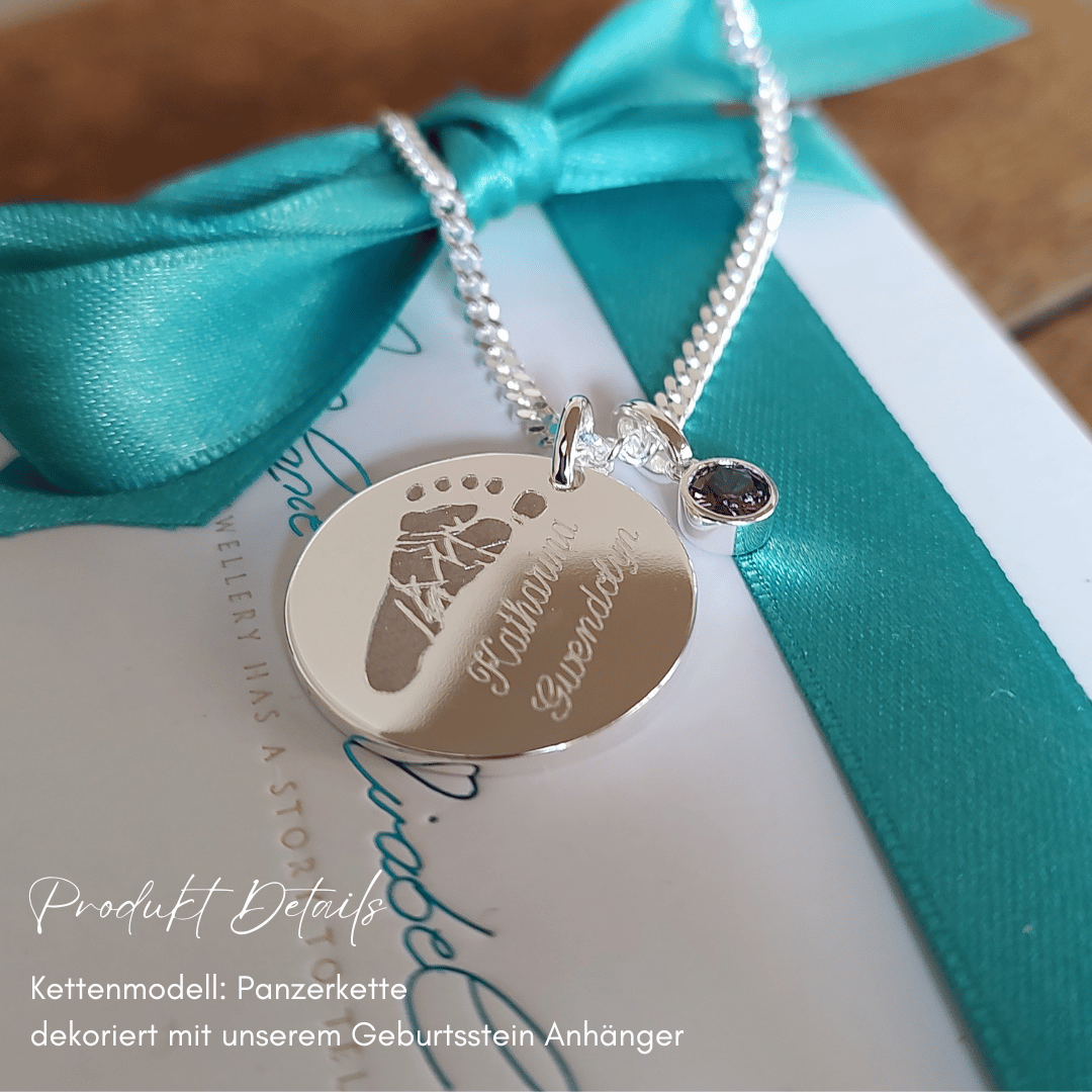 Kette mit Fussabdruck, Kette personalisiert mit gravur, namenskette für mütter, geburtsstein kette