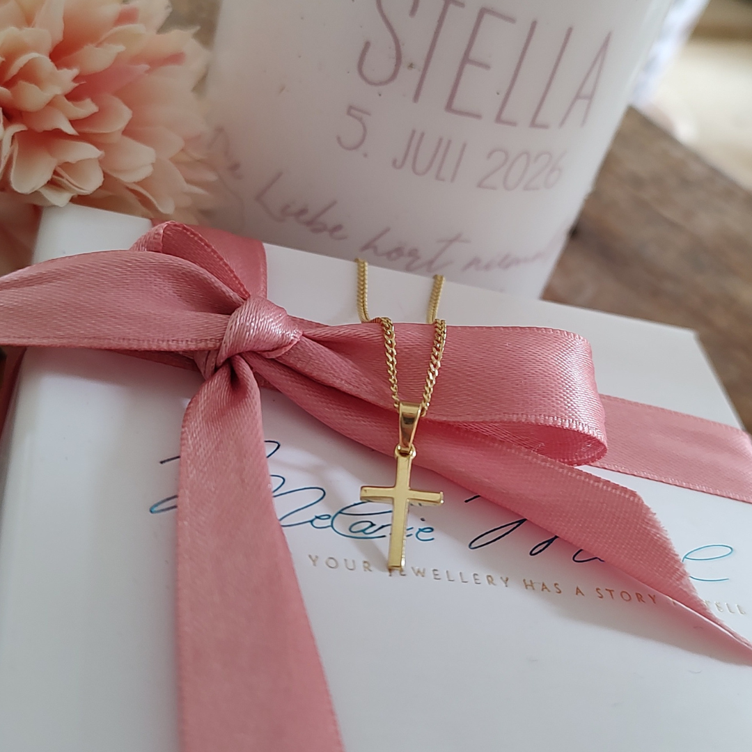 tauf kette gold, tauf kette junge und mädchen, taufschmuck personalisiert, kreuz schmuck, kreuz anhänger kinder, anhänger kreuz klein, kreuz anhänger mädchen