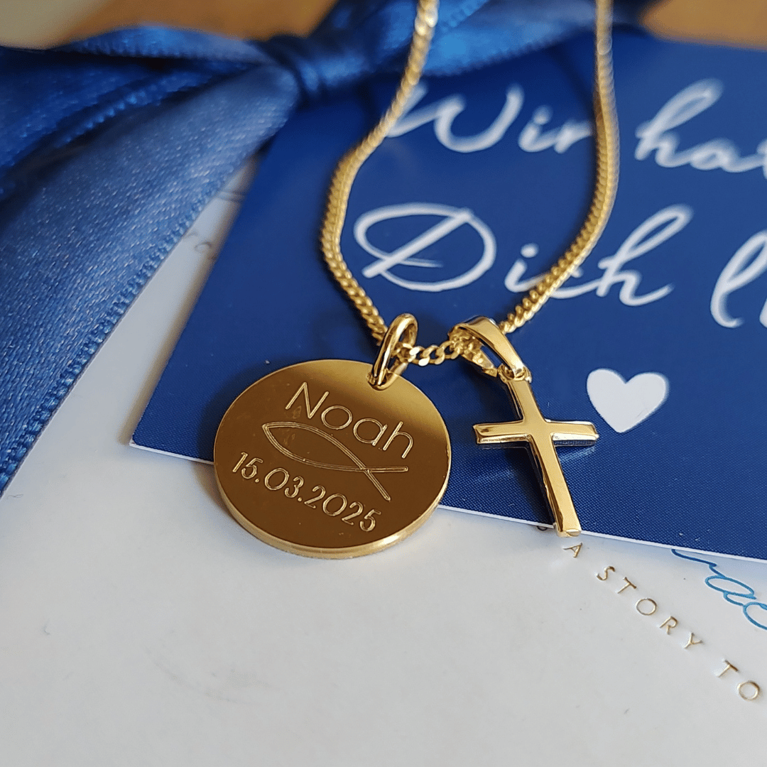taufkette jungs gold, kette zur taufe für junge, kette kommunion junge, namenskette mit gravur, schmuck zur Kommunion