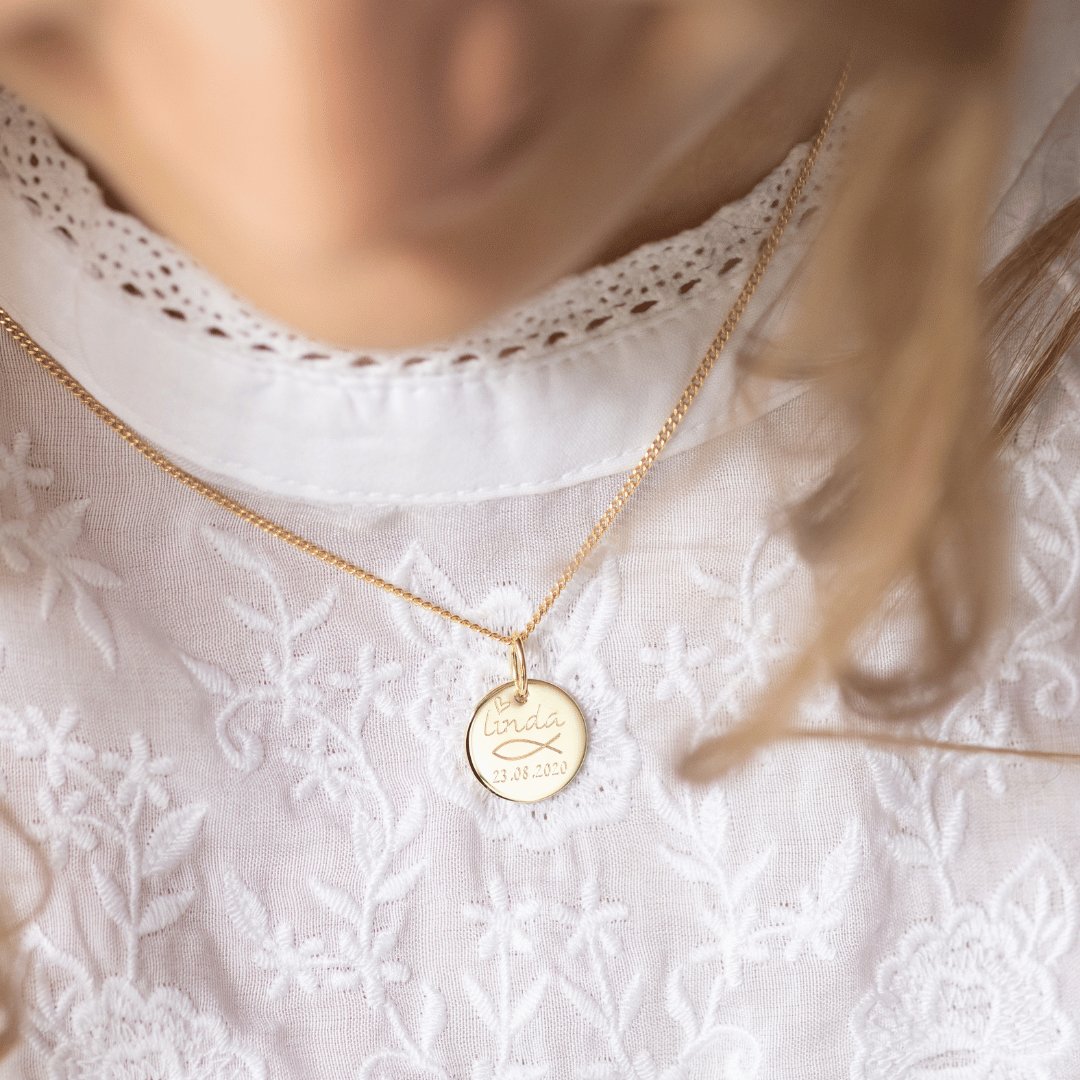 Taufkette Gold für mädchen mit persönlicher gravur, namenskette gold mit christlichen fisch, goldkette zur kommunion, geschenkideen zur einschulung