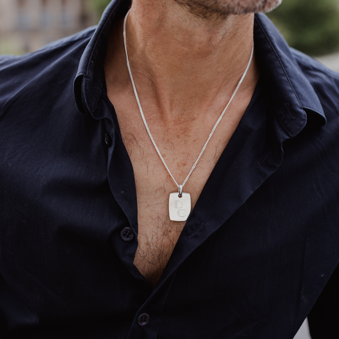 Herren Kette Silber mit Dog Tag Anhänger, Männer Kette mit Gravur, Herren Kette mit Gravur, Dog Tag Kette Männer, Partner Schmuck, Schmuck für Paare. Ketten für Paare