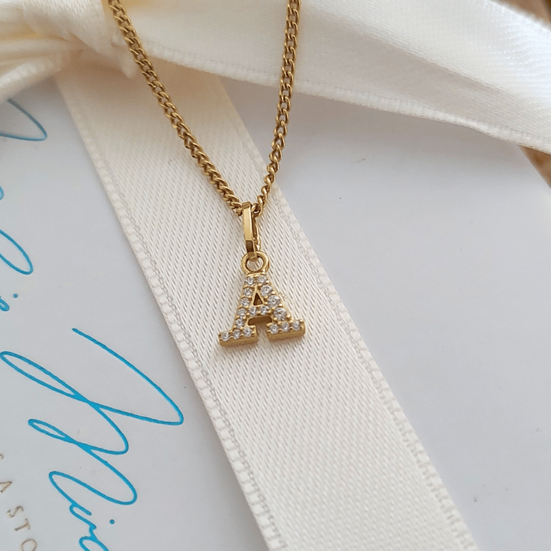 Kette mit gold buchstabe, buchstabe gold mit zirkonia, goldkette mit Diamant buchstabe A