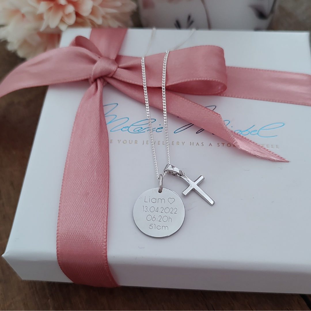 tauf kette 925 stilber, tauf kette junge und mädchen, taufschmuck personalisiert, kreuz schmuck, kreuz anhänger kinder, anhänger kreuz klein, kette zur geburt, geburtskette personalisiert,kreuz anhänger mädchen