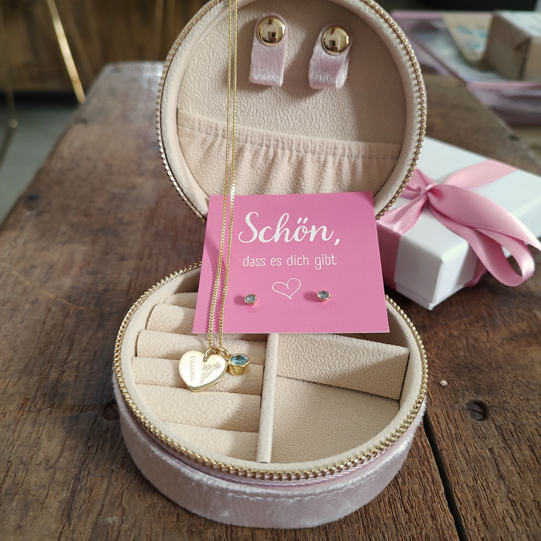 3 in 1 GESCHENKSET 🎁  Kette CHERIE mit Geburtsstein + Geburtsstein Ohrstecker + Samtetui für Schmuck